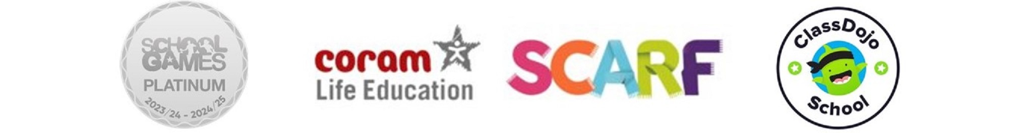 Logos for school accreditations - School Games Platimum award, SCARF school, ClassDojo school.